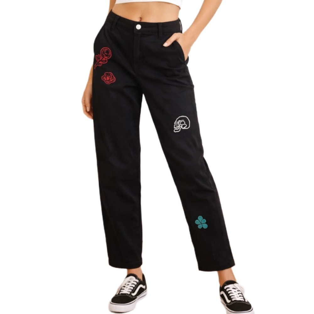 RVCA for Mark Oblow Black Chinos Embroidered Roses Skull Spiderweb Pants Size 27